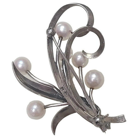 MIKIMOTO Sterling Silver PEARL BROOCH 7 Akoya Japanese PEARL 7.4 G 1.75" BS3 - Picture 3 of 9